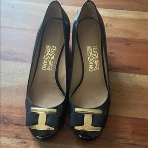 Salvatore Ferragamo Black Patent Leather Heels with Gold Accents